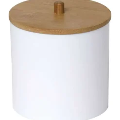 Accessoires De Salle De Bain|* Boîte A Coton Et Coton Tiges Blanc Couvercle Bambou