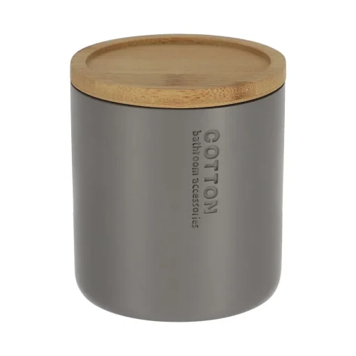 Accessoires De Salle De Bain|* Boîte A Coton Polyresine Couvercle Bambou Gris Bambou