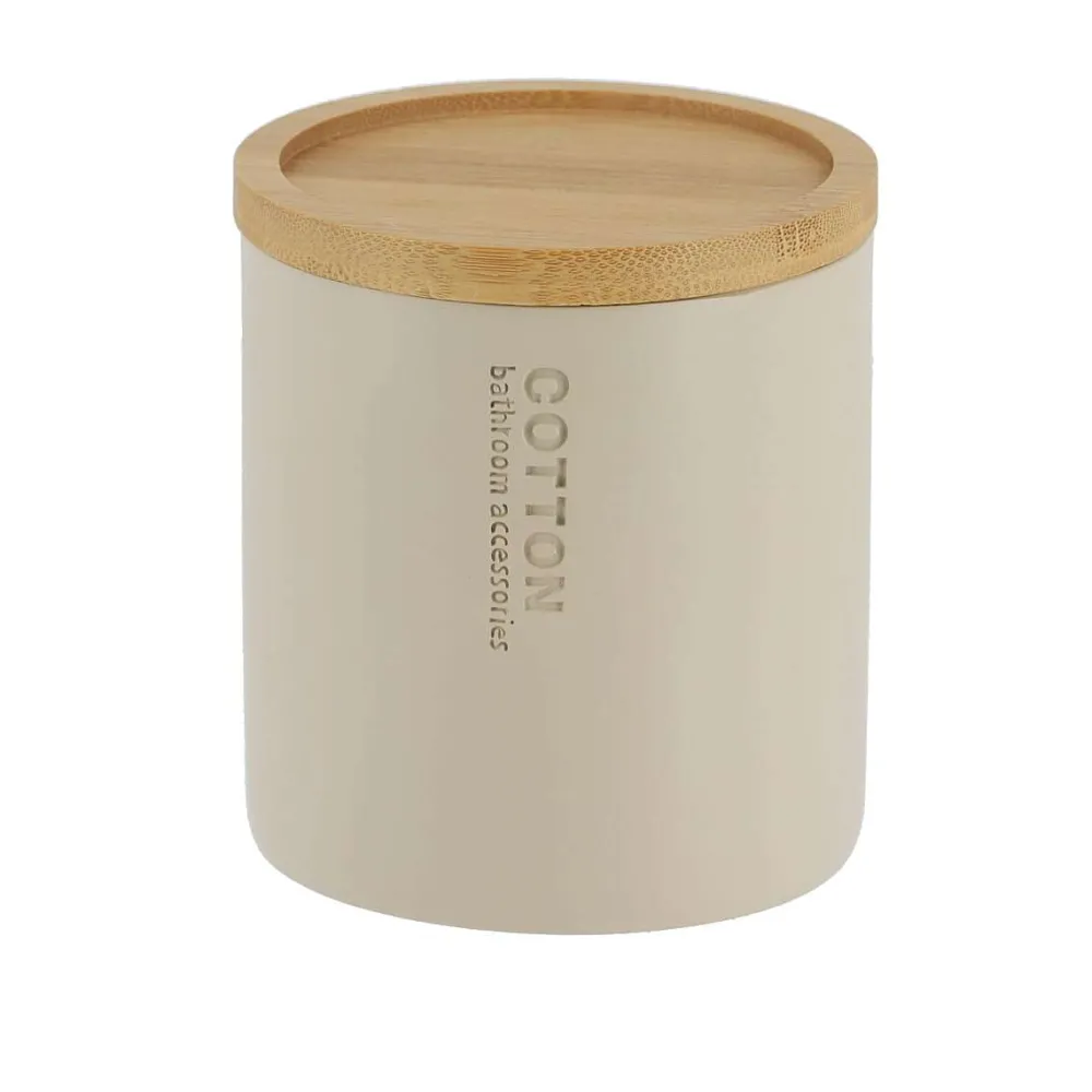 Accessoires De Salle De Bain|* Boîte A Coton Polyresine Couvercle Bambou Beige Bambou