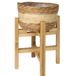maxibazar Cache Pot Fibre Vegetale Sur Pieds Bois H.38Cm- Vases Et Caches Pots