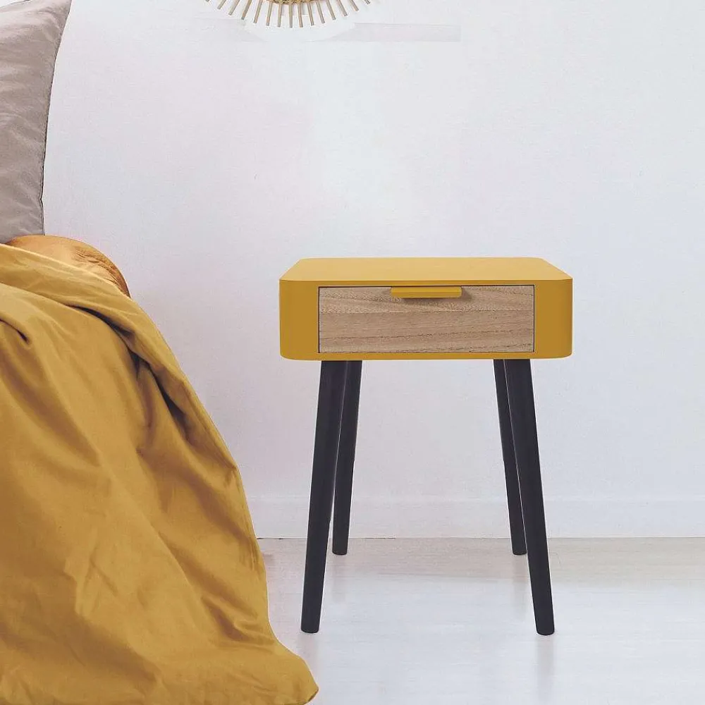 * Tables De Chevet>Chevet 1 Tiroir En Bois Jaune Moutarde