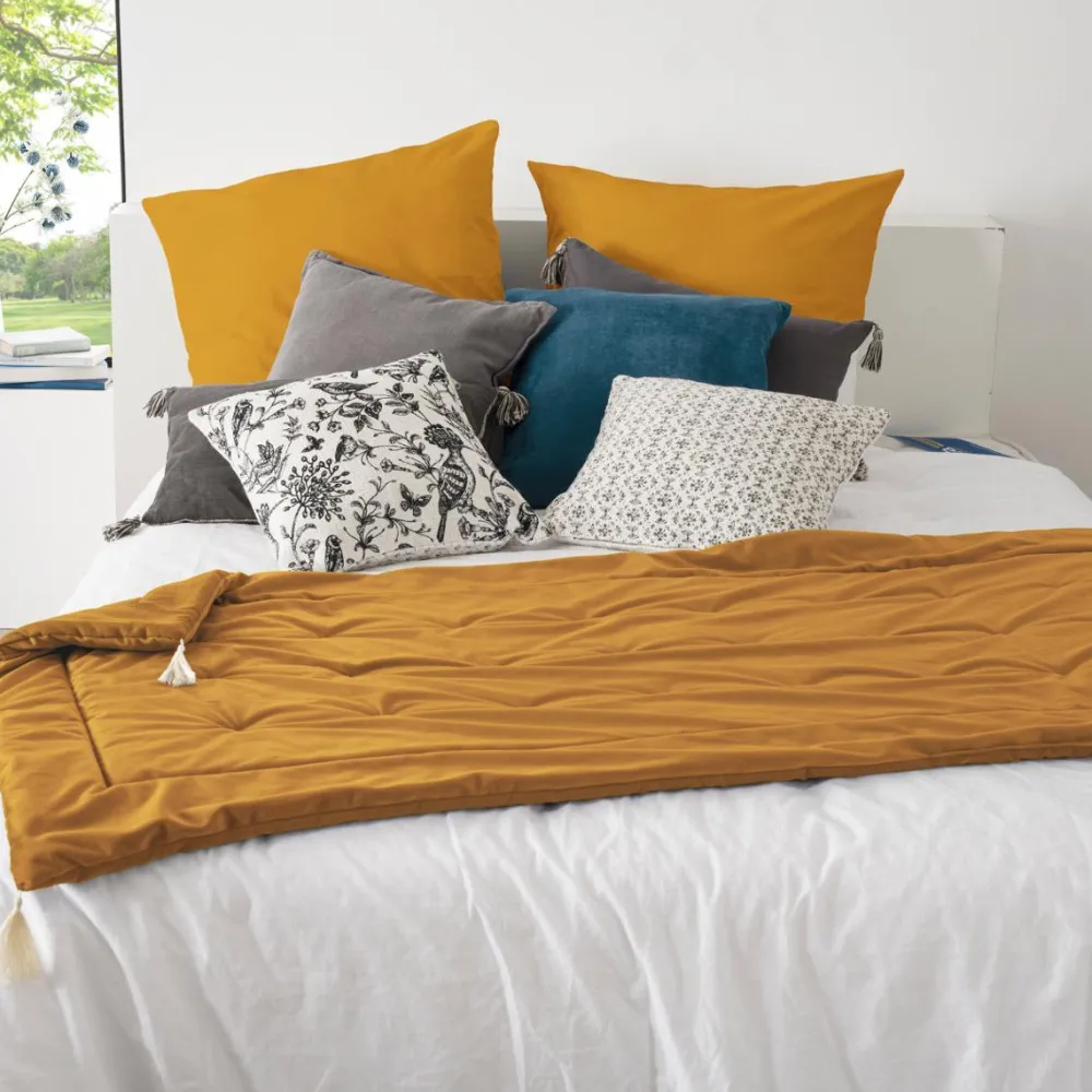 Atmosphera Edredon Sonia En Velours Jaune Moutarde 80X180Cm- Couvre-Lits, Boutis Et Edredons
