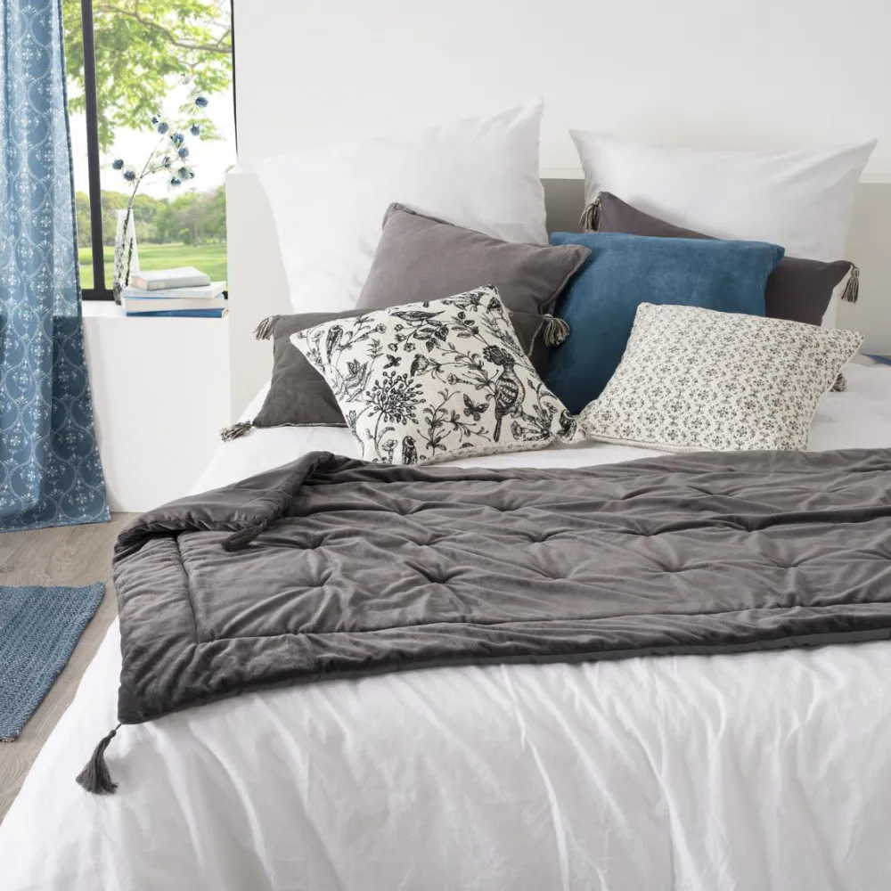 Atmosphera Edredon Sonia En Velours Gris 80X180Cm- Couvre-Lits, Boutis Et Edredons