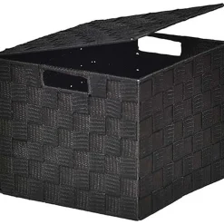 Rangements Deco|* Panier Carre Polyester Avec Couvercle Noir Taille M