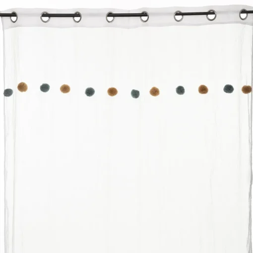 Atmosphera Voilage Pompons Bleu Ocre- Voilage Et Rideau Enfant